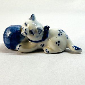 Vintage Asian Blue White Playful Kitty with Yarn Ball Porcelain Figurine